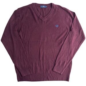 Fred Perry Men's XXL Sweater 100% Cashmere V Neck Burgundy Pullover Logo 2XL